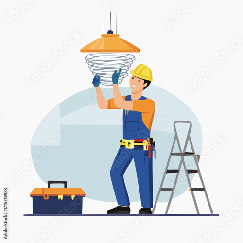 Electrician installing a light fixture on the ceiling with a toolbox and ladder nearby, representing electrical repair and maintenance services
