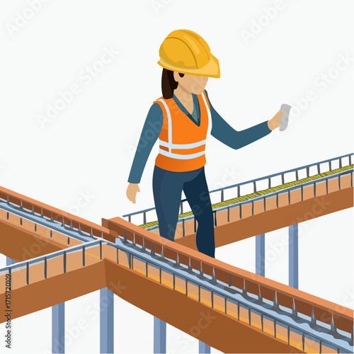 Construction worker reviewing the blueprint, project inspection on an elevated platform using proper safety measures