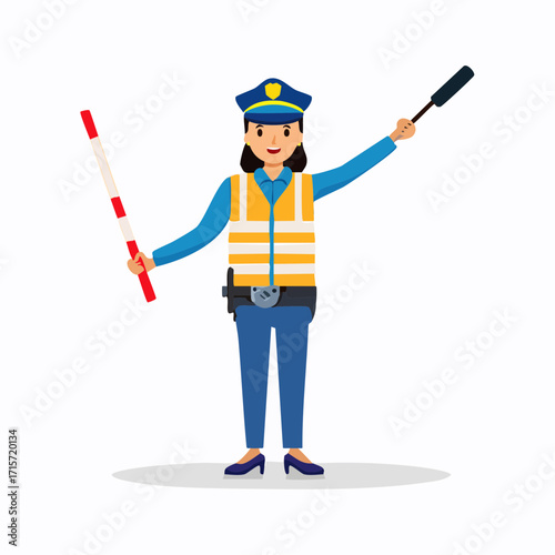 Illustration of a female traffic officer in uniform directing traffic with a baton and signal wand, vector isolated on white