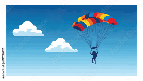 Skydiving Adventure A Colorful Parachute Soaring Against a Blue Sky with Fluffy Clouds and a Silhouette