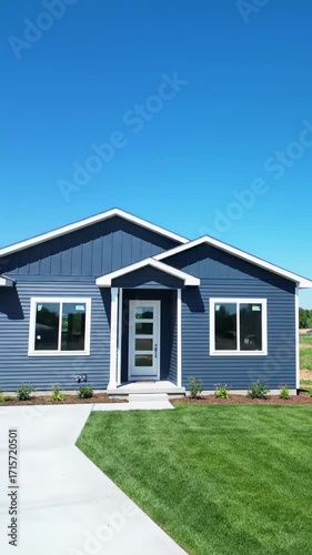 Slow crane video of a pristine modern single-story home with dark blue siding, white trim, manicured green lawn, and grey driveway under clear sky. Concept of achievement and stability
