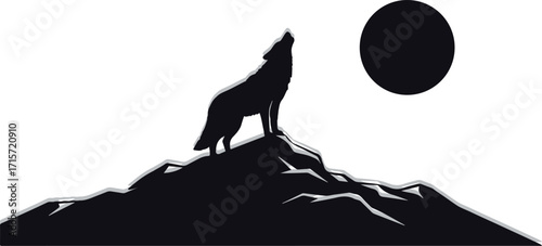 Howling Wolf Silhouette Vector Illustration – Black and White Wildlife Graphic of Wolf and Full Moon in Wilderness, Symbol of Strength, Mystery, Solitude and Primal Instinct