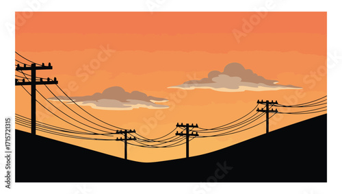 Sunset Silhouette Power Lines Against a Vibrant Orange Sky, Illustrating Energy Transmission & Landscape