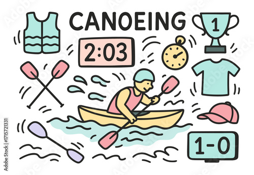 Canoeing sport. Sports and adventure іcon set