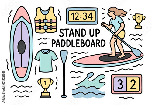 Stand up paddle board sport. Sports and adventure іcon set