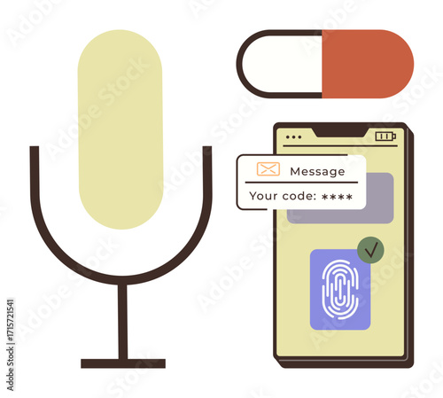 Microphone, smartphone with fingerprint scanner, security code message, red pill. Ideal for security, innovation, biometrics, health tech authentication AI and data. Minimalist flat metaphor