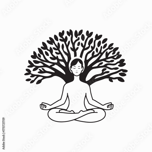 Meditating Person with a Tree Growing from Head Vector.