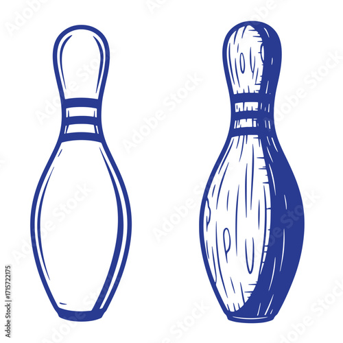 Vector illustration of hand drawn bowling pins in blue on a white background