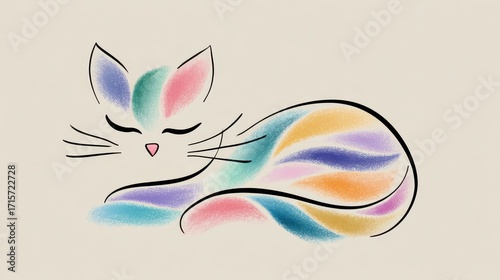 Pastel Rainbow Cat Illustration Minimalist Line Art on Beige