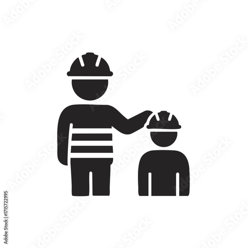 A clear graphic icon illustrating a supervisor in a hard hat providing protective guidance to a junior worker, symbolizing workplace safety and professional mentorship.