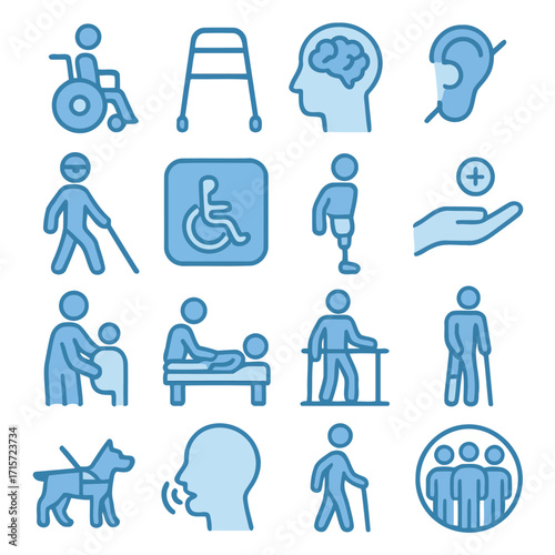 Accessibility Icons in Blue: A collection of modern, clean-style icons representing a diverse range of disabilities, offering visual aids for inclusivity and support.