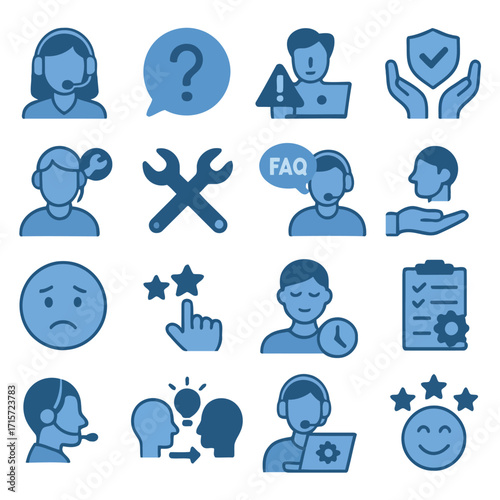 Customer Service Icon Set: A cohesive collection of modern, minimalist icons elegantly portraying the various facets of customer support and assistance. 