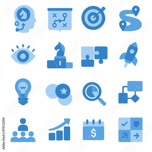 Strategic Icons: An array of thoughtfully designed icons, presented in a cohesive and consistent style, conveys concepts related to strategy, planning, and goal achievement. 