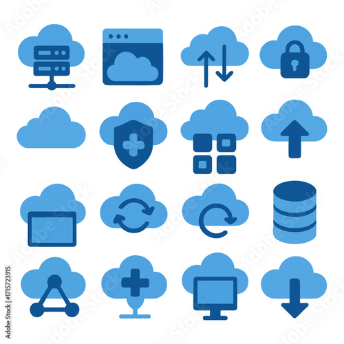 Cloud Computing Icons: A collection of elegantly designed cloud computing icons, representing data storage, security, and seamless connectivity for modern technology. 