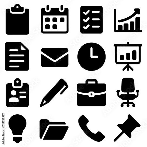 Office Icons: A collection of office-themed icons, perfect for business and design projects, depicting various essential elements.