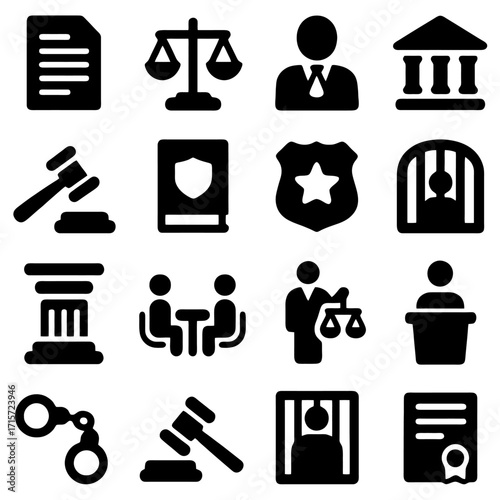 Justice Icons: A curated set of black-and-white icons representing the symbols and figures of the justice system, from legal documents to the scales of balance.