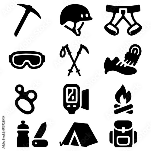 Climbing Gear Icons: A collection of essential tools and equipment for climbing, rendered as clean, simple icons perfect for illustrating adventures.