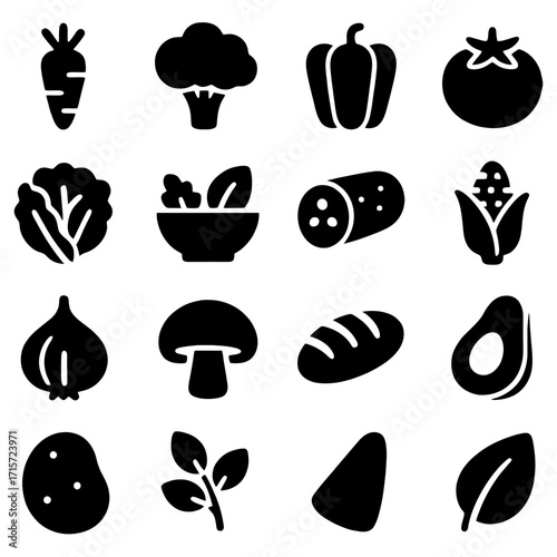 Fresh Harvest: A simple yet comprehensive array of fresh, isolated vegetables, offering a healthy bounty, captured in an artistic minimalist graphic style.
