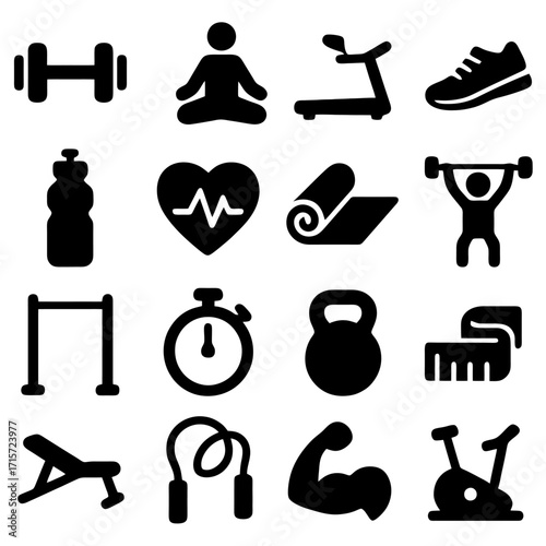 Fitness Icon Array: A comprehensive collection of fitness icons, ideal for illustrating workout routines, health programs, or sports applications. Includes symbols for exercise equipment.