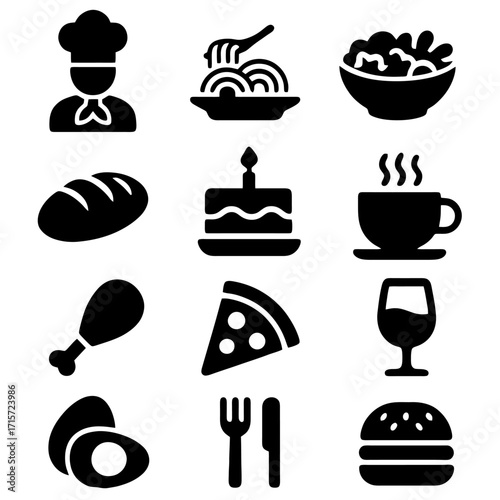Culinary Delights: Collection of black and white food icons with chef, pasta, salad, bread, cake, coffee, chicken, pizza, wine, eggs, cutlery, burger 