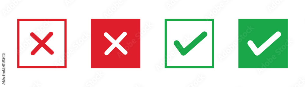 Obraz premium Green tick and red cross icon set, circle check mark and cancel symbol collection