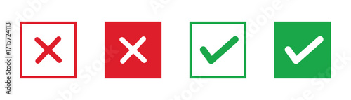 Green tick and red cross icon set, circle check mark and cancel symbol collection