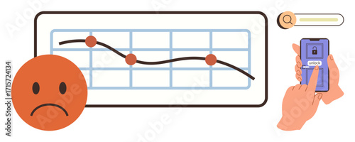 Downward trendline on graph, orange sad face, search bar, and hand unlocking smartphone. Ideal for finance, security, frustration, business loss economy strategy. Simple flat metaphor