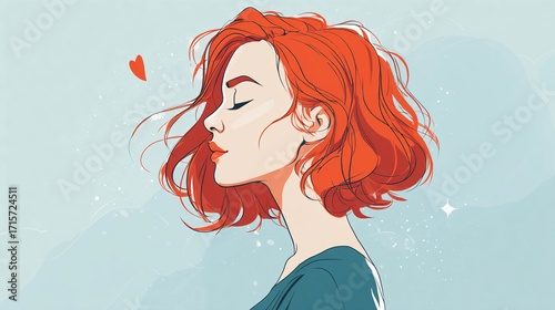 Illustration of a woman with red hair in profile with heart