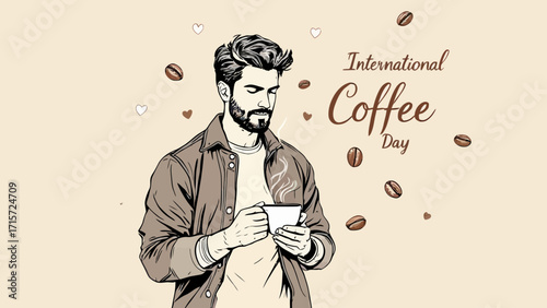 Flat vector illustration of a man drinking coffee with heart shapes and coffee beans on brown background, featuring elegant white text “International Coffee Day”