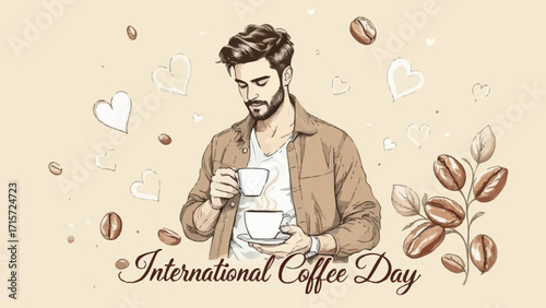 Flat vector illustration of a man drinking coffee with heart shapes and coffee beans on brown background, featuring elegant white text “International Coffee Day”