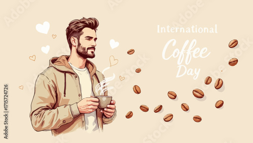 Flat vector illustration of a man drinking coffee with heart shapes and coffee beans on brown background, featuring elegant white text “International Coffee Day”