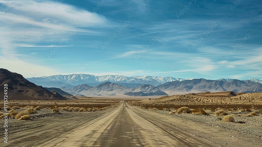 Fototapeta premium Desert road scenery Arid Serenity: Breathtaking Desert Road Scenery – A Long, Winding Asphalt Road Stretching Through Golden Sand Dunes and Scattered Desert Shrubs, Under a Clear Blue Sky