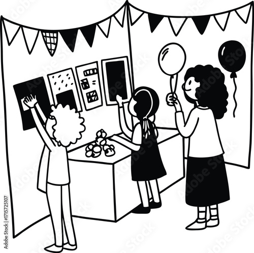 happy family shopping with children and bags in store cartoon illustration