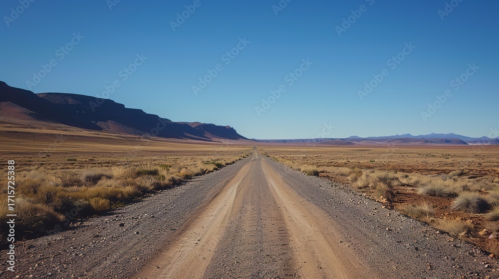 Fototapeta premium Desert road scenery Arid Serenity: Breathtaking Desert Road Scenery – A Long, Winding Asphalt Road Stretching Through Golden Sand Dunes and Scattered Desert Shrubs, Under a Clear Blue Sky