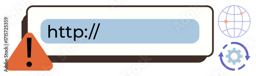 Browser address bar featuring a warning triangle, http text, globe, gear, and arrows. Ideal for cybersecurity, technical support, troubleshooting error message online safety IT issues. Simple flat