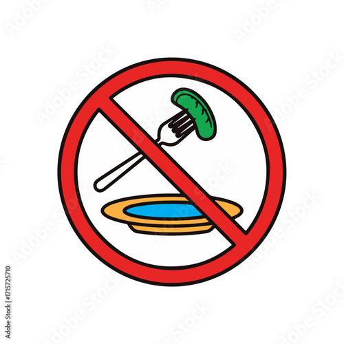 A red prohibition sign with a cartoon drawing of a fork holding a green sausage over a plate, symbolizing no food allowed.