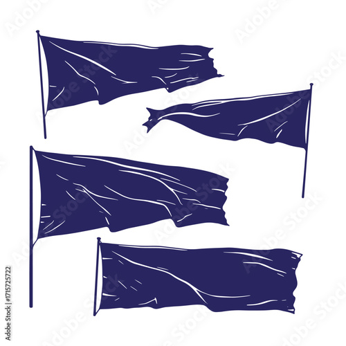 Artistic vector illustration of navy blue flags with torn edges and ripped appearance on white background