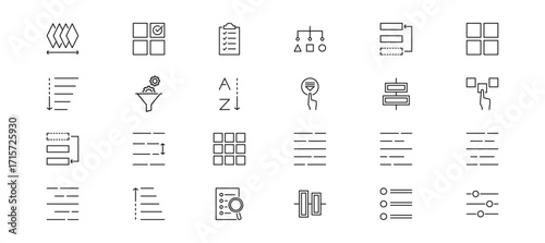 Sorting icon set containing arrange, priority, checklist, move up, category, filter, criteria and grid vector icons