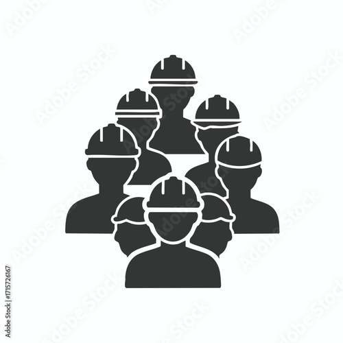 A stylized icon depicting a group of industrial workers or construction professionals wearing safety hard hats, emphasizing teamwork and collective labor.