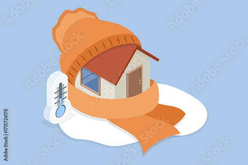 The house is dressed in a warm hat and scarf. Home heating with temperature warming concept. Climate control in winter. 3d flat isometric vector illustration.