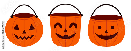 Set of three orange Halloween pumpkin buckets with jack o lantern faces. Perfect design for Halloween decorations, party invitations, posters and seasonal projects.