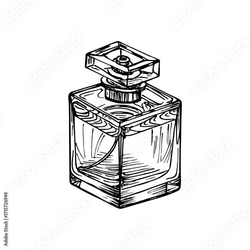Perfume bottle sketch illustration. Outline drawing in engraving style. Hand-drawn vector line art clipart, isolated