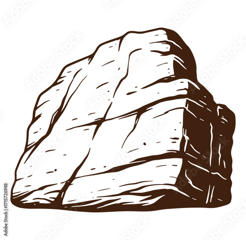 Hand drawn illustration of a large rock boulder with detailed linework and simple shading.