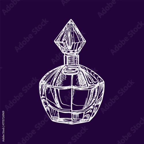 Sketch drawing of a perfume glass bottle. Magic love potion, fantasy concept. Hand drawn illustration in engraving style. Vector line art clipart, isolated