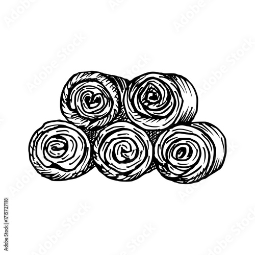Rolled towels sketch illustration. Hotel, aesthetic interior concept. Outline drawing in engraving style. Hand-drawn vector line art clipart, isolated