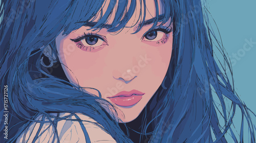 A young woman with long blue hair gazes directly at the viewer, showcasing a blend of confidence and allure. The artistic style emphasizes vivid colors and striking features.