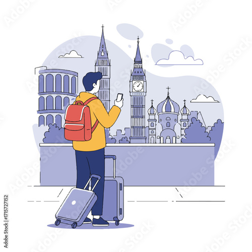 A 2D flat vector illustration shows a digital nomad with luggage and a smartphone, looking at a distant European landmark, ready for a new adventure.