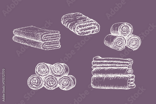 Stacks of rolled and folded towels - sketch illustration set. Drawing in an engraving style. Hand-drawn vector line art clipart, isolated