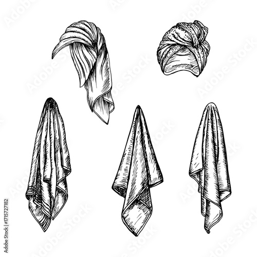Towels and towels on a head sketch drawing set. Hand-drawn illustration in engraving style. Vector line art clipart, isolated