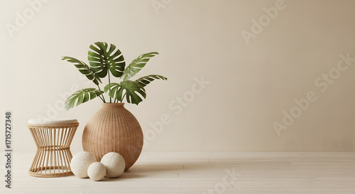 Stylish interior with monstera plant stool and decorative sphere stones